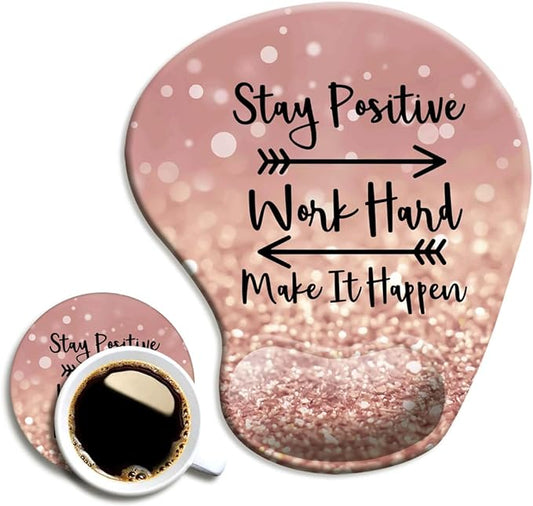 DOOKE Ergonomic Mouse Pad with Wrist Support and Coaster,Mouse Pads with Non-Slip PU Base for Home Office Working Studying Easy Typing & Pain Relief Stay Positive