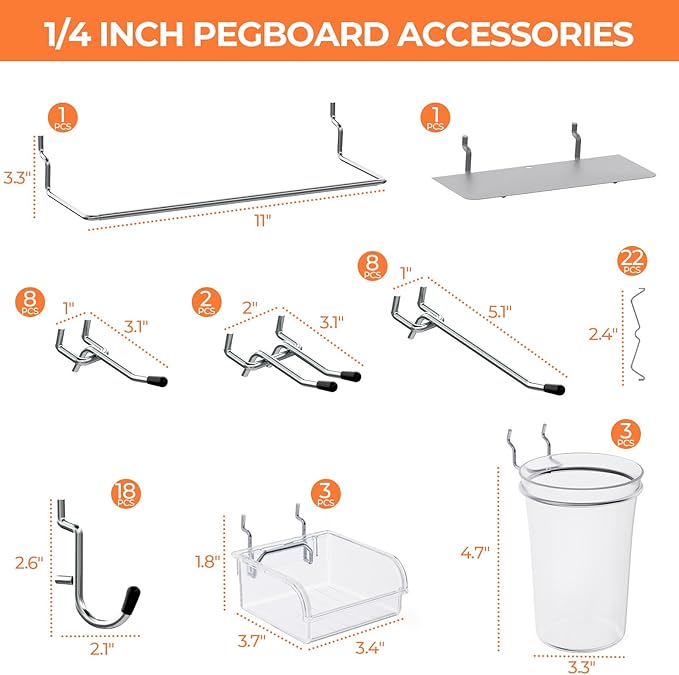 INCLY 70PCS Metal Peg Board Kit with 1/4" Pegboard Accessories | 4 Pack Panels, Bins, Cups and Peg Board Hooks, Paper Towel Holder, Pegboard Wall Organizer, For Craft Room, Office, Sewing
