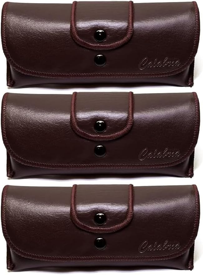 Calabria Double Snap Belt Loop Eyeglass Case PU Leather Brown 3Pack Old School Eye Glasses Pouch Semi-Hard Sunglass Holder