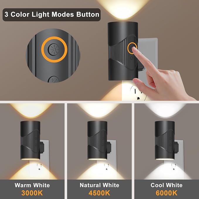 easuntec Night Lights Plug into Wall, Plug in Night Light, Night Light, Dusk to Dawn Light Sensor, 3 Light Modes, Dimmable Night Lights for Bedroom Bathroom Hallway Kitchen Stairs (Black, 2 Pack)
