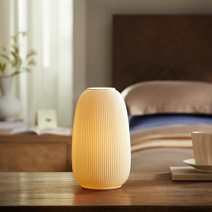Modern Ceramic Decorative Table Lamp Living Room Bedroom Bedside | Handcrafted Unique Warm Ambient Lighting Lamp, Accent White Translucent Ceramic shade, Fully Dimmable, Corded, Bulb Included