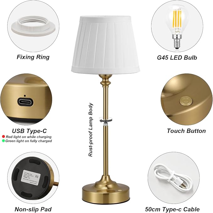 Cordless Table Lamps Rechargeable Set - 2 Pack Gold 4000mAH Battery Operated Lamps for Decor, 3000K Stepless Dimming Touch Wireless Lamp for Bedroom, Dining Table, Living Room, White Pleated Shade