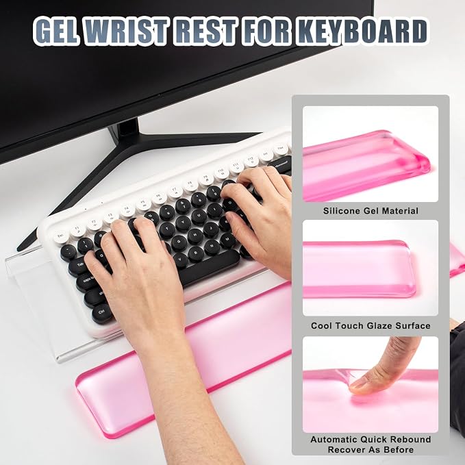 Acrylic Computer Keyboard Stand with Gel Wrist Rest Set(Pink White Set) | Keyboard Riser for Desk Easy Typing with Gel Keyboard Wrist Pad, Anti-Slip Comfort Jelly Clear Wrist Rest Relief Pain