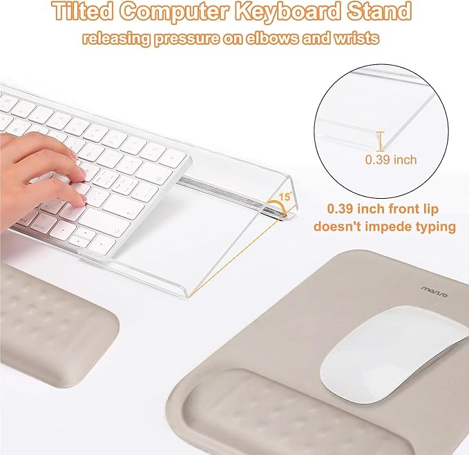 MOSISO Keyboard Stand&Wrist Rest Support for Keyboard &Mouse Pad Set | Ergonomic Massage Wrist Rest Set, Easy Typing Working Acrylic Clear Stand for Office Home, Taupe Brown