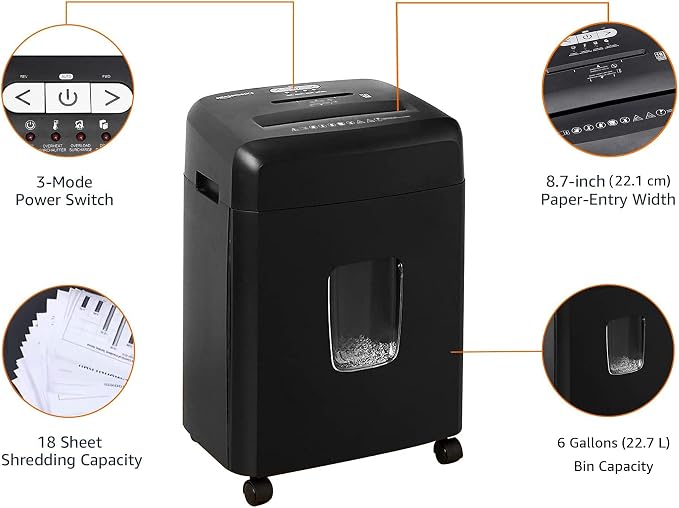 Amazon Basics 18 Sheet Cross Cut Paper, CD, and Credit Card Shredder with 6 Gallon Bin, 30 Minutes Continuous Run Time, Black