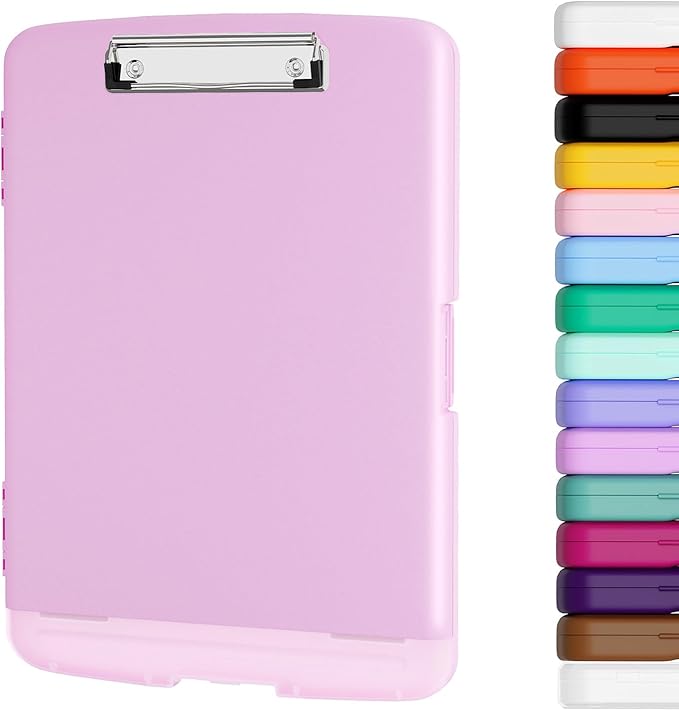 Piasoenc Clipboard with Storage, 8.5 x 11 Clip Board with Pen Holder, Pink | High Capacity, Heavy Duty Plastic Organization Box for A4 Legal Paper Folder, Folio & Side-Opening Nurses, Teachers, Student