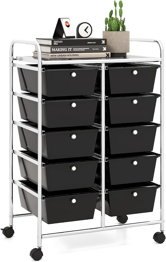 10 Drawer Rolling Cart, Storage Cart Organizer on Wheels, Drawer Cart with Metal Frame & Large Storage Capacity, Rolling Cart with Drawers for Living Room Classroom, Office