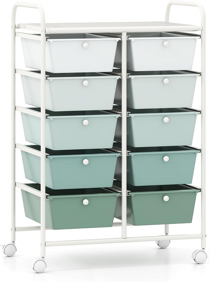 COSTWAY 10 Drawer Rolling Storage Cart, Utility Cart with Lockable Wheels | Mobile Art Supply Craft Organizer with Metal Frame, Multipurpose Drawer Cart for Paper for Office, School, Green Gradient