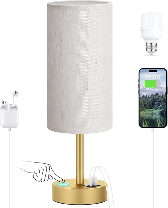 Dicoool Bedside Table Lamp for Bedroom - 3-Way Dimmable Touch Lamp, USB A+C | LED Bulb Included, 14" Small Nightstand Lamp for Desk, Living Room, Guest Room, Cream Fabric Lampshade, Gold Metal Base