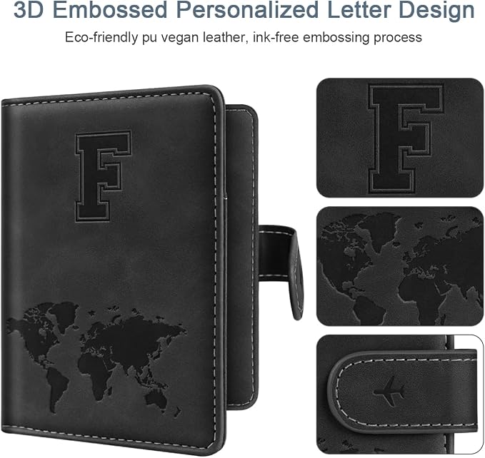 Passport Holder for Travel Essentials Personalized Initial Wallets | Embossed Letter A-Z Design, RFID Blocking, Passport Cover, Passport Book Holders, Men Women, Personalized Gifts, Black-F