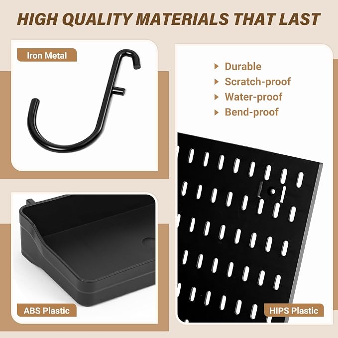 AKTOP Plastic Peg Board Wall Organizer 4-Pack, 12"x12" Pegboard Kit, Black | Includes 13 Accessories, Adhesive or Drill Mounting, Superior Load Capacity, Ideal for Office, Gaming Room, Craft Room