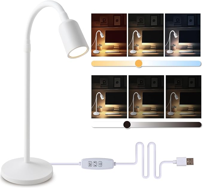 DAMI Dimmable LED Desk Lamp USB Powered, 3 Color Modes Flexible Gooseneck Reading Light, Eye-Caring Small Table Lamp for Home Office Study Bedroom Dorm Bedside - White