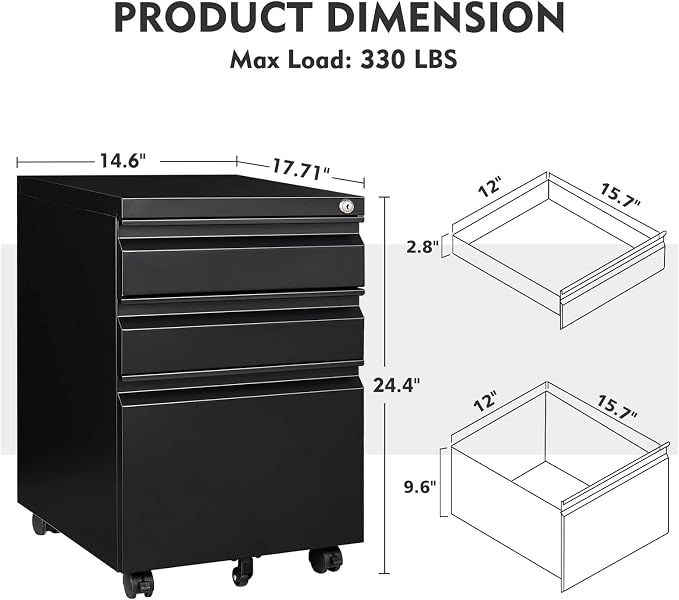 MIIIKO 3 Drawer File Cabinet, Metal Filing Cabinet with Lock Rolling Wheels, Office Storage Under Desk,Deep Drawers for Hanging Legal Letter Fill, Full Assembled Except Casters