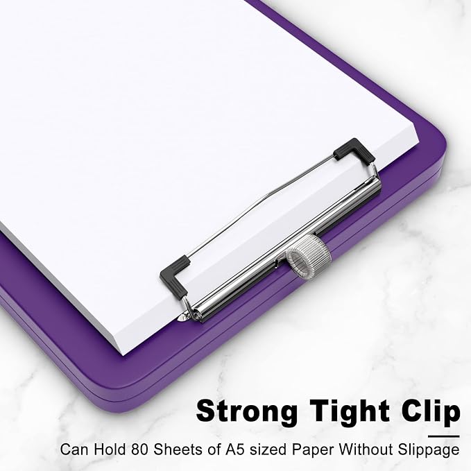 Hongri A5 Clipboard with Storage, Metal Retractable Pen Holder, Dark Purple | 6 x 9'' Nursing Plastic Foldable Clip Board, Size 9.4 x 6.1 x 0.9 in, Menu Box for Work, Office & School Supplies