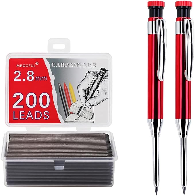 2.8mm Metal Carpenter Marking Pencils 2 Pack with 200 Refill Leads, Built-in Sharpener Tool Pencil for Woodworking, Deep Hole and Jobsite Marking, DIY, Cabinetry and Carpentry Projects (Red)