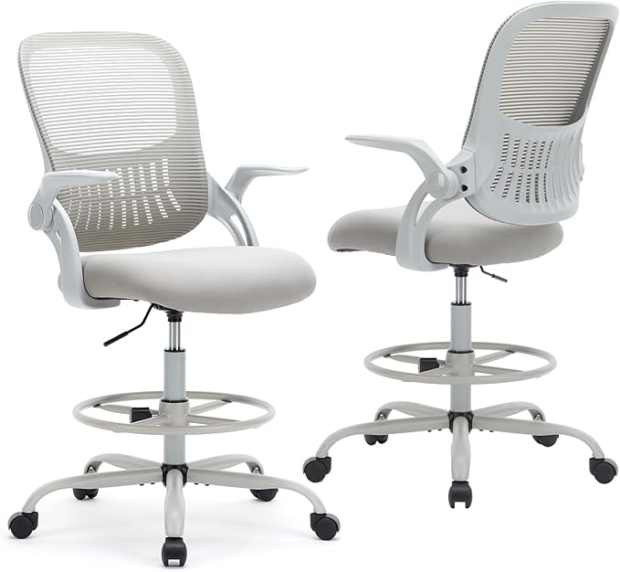 Sweetcrispy Tall Drafting Office Desk Chair - Ergonomic High Stool Computer Chair with Adjustable Height and Comfy Lumbar Support, Rolling Counter Height with Flip-up Arm and Footrest, Grey