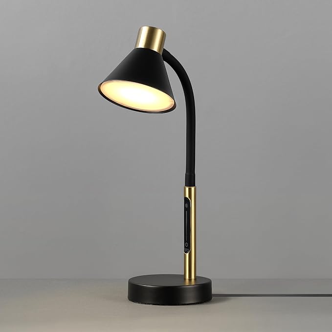 Globe Electric 62000034 15" LED Integrated Desk Lamp, Matte Black, Brass Accent, Adjustable Gooseneck, Dimmable, 3 Color Temperature, 7.5W, 90 CRI, 400 Lumens, Reading Light, Dorm Room Essentials