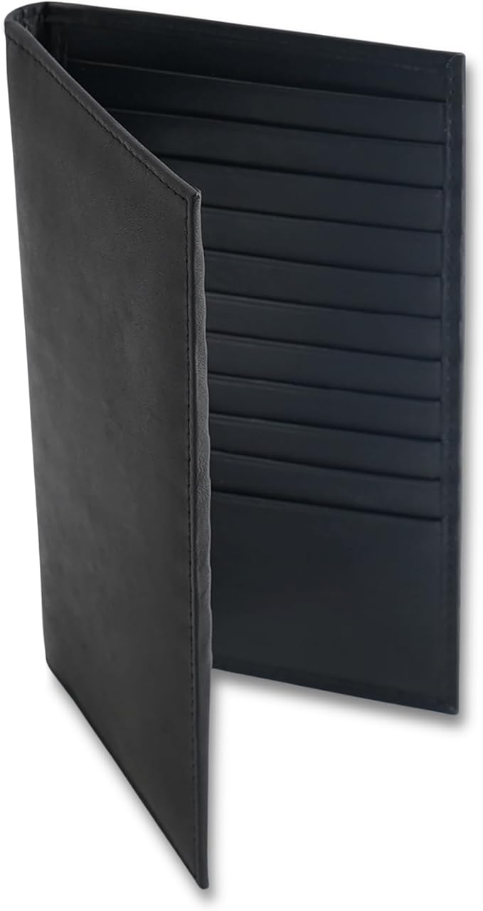 20 Card Wallet for Men, Long RFID Leather Credit Card Holder, Black | 2 Bill Compartments | ID Window | Open Bifold | Organized Carry | Jacket Friendly