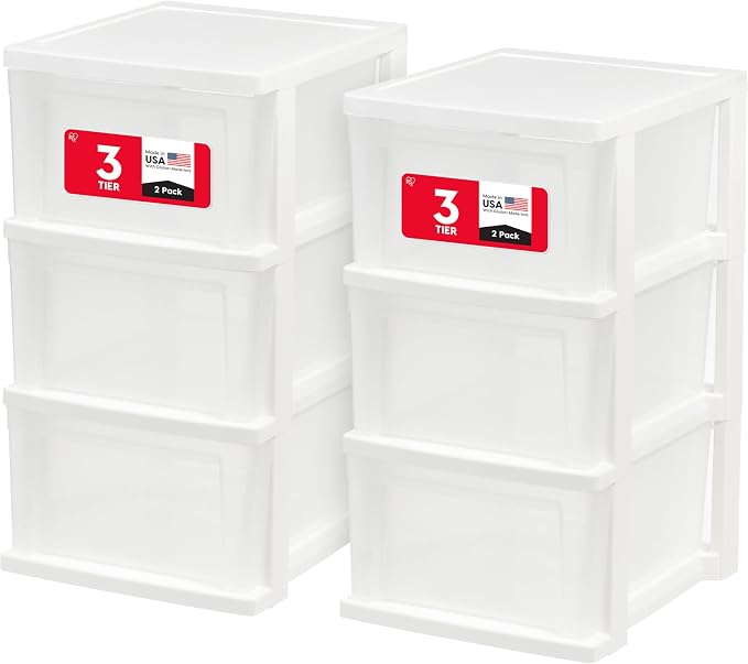IRIS USA 3-Drawer Slim Narrow Storage Organizer, 2-Pack, White/Clear | Organize craft supplies, school essentials, beauty items, and small household accessories with compact drawer storage