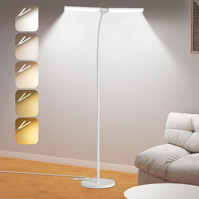 LED Floor Lamp for Living Room, Bright Reading Lamps for Office | 5 Adjustable Colors Temperatures&Brightness, Dual Head Goose Neck Standing Lamp, Remote Control, Eye-Caring Tall Lamp, White