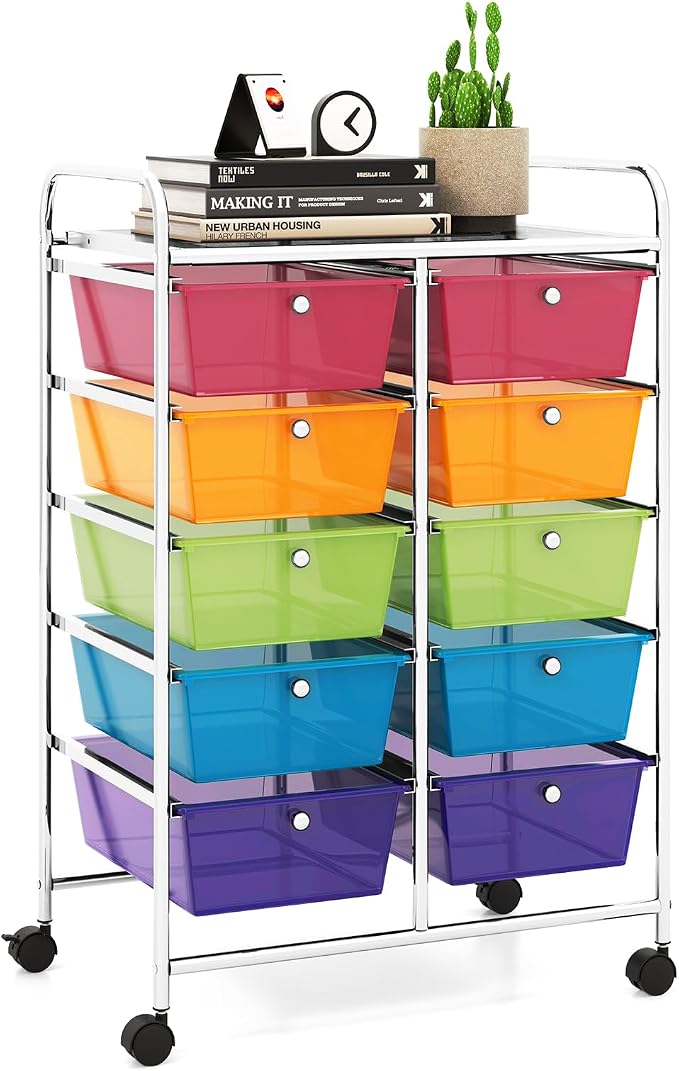 10 Drawer Rolling Cart, Storage Cart Organizer on Wheels, Drawer Cart with Metal Frame & Large Storage Capacity, Rolling Cart with Drawers for Living Room Classroom, Office