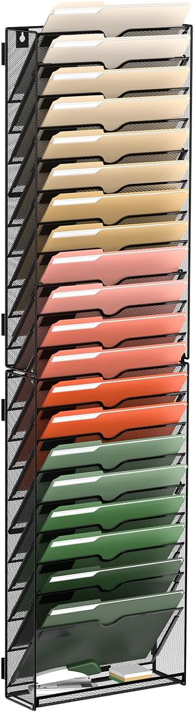 21 Tier Wall File Organizer, Hanging Wall Mounted Mail Organizer with Label Slots, Metal Mesh File Holder Magazine Rack for Office, Home, School or Classroom, Black