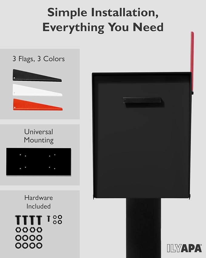 Ilyapa Modern Angle Design Post Mount Modern Mailbox - Black Exterior Powder Coated Steel, All Weather & Corrosion Resistant, Stainless Steel Hinges