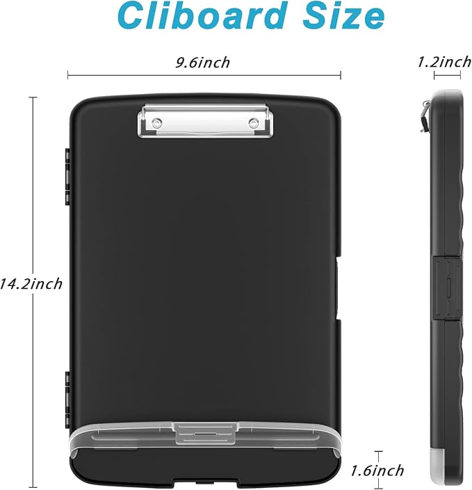 Rimilak Clipboard with Storage, 8.5 x 11'' High Capacity Clip Board, Black | Smooth Writing, Side-Opening Plastic Folder with Pen Holder, Size 14.2 x 9.6 x 1.2″ ,for Classroom, Teacher, Student