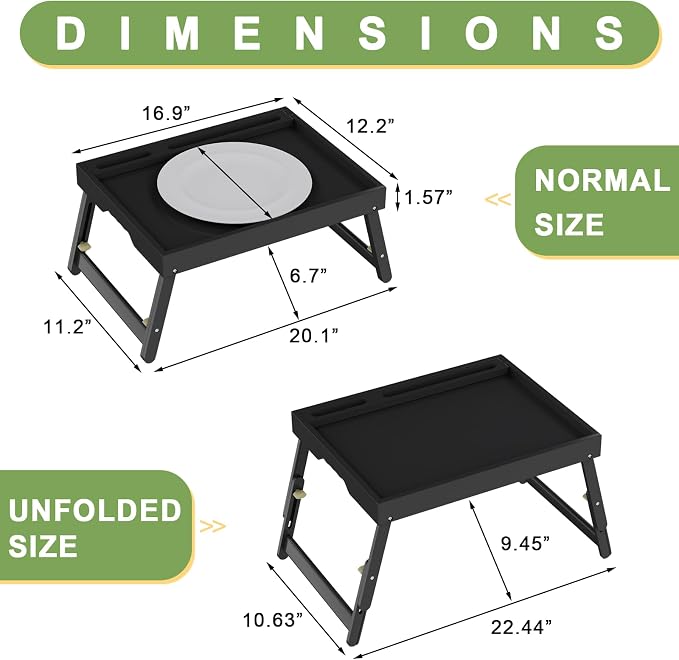 Artmeer Adjustable Bamboo Bed Tray Table with Device Slot, Large, Black | Adjustable FSC-certified bamboo bed tray with device slot, folding legs and handles for meals, laptops and reading in bed.