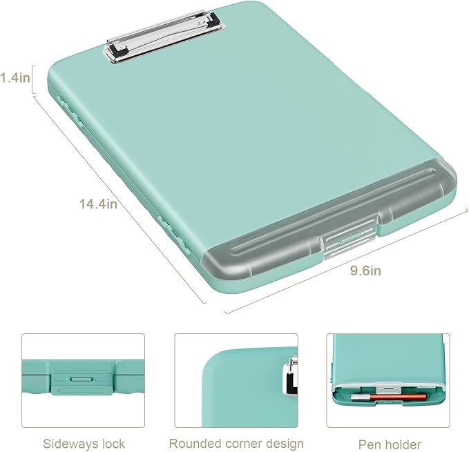 Piasoenc Clipboard with Storage, 8.5 x 11 Clip Board with Pen Holder, Teal | High Capacity, Heavy Duty Plastic Organization Box for A4 Legal Paper Folder, Folio & Side-Opening Nurses, Teachers, Student