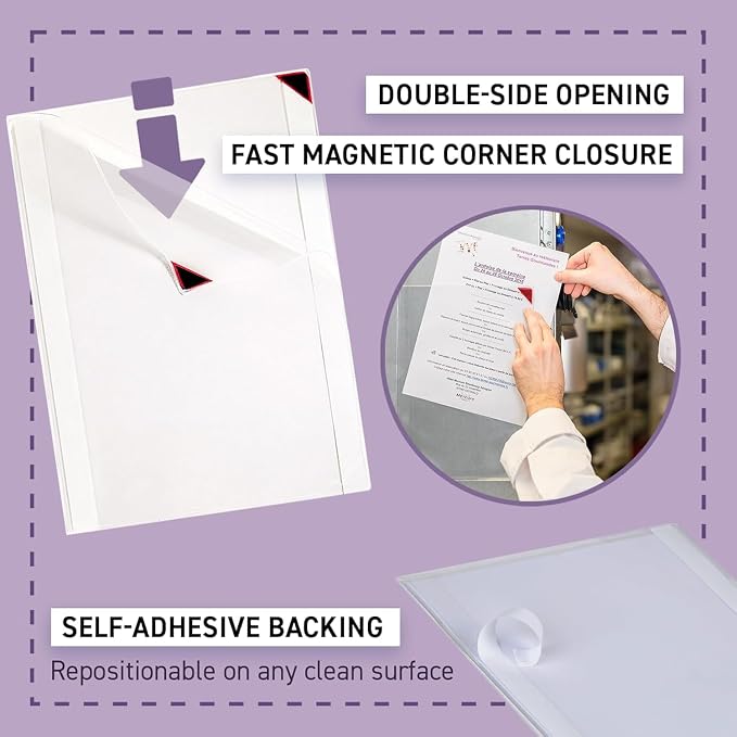 Tarifold Self-Adhesive Sign Holders, Letter Size, 15 Pack | 15 clear PVC holders, repositionable adhesive strips, magnetic corner closure, holds up to 20 letter-size sheets