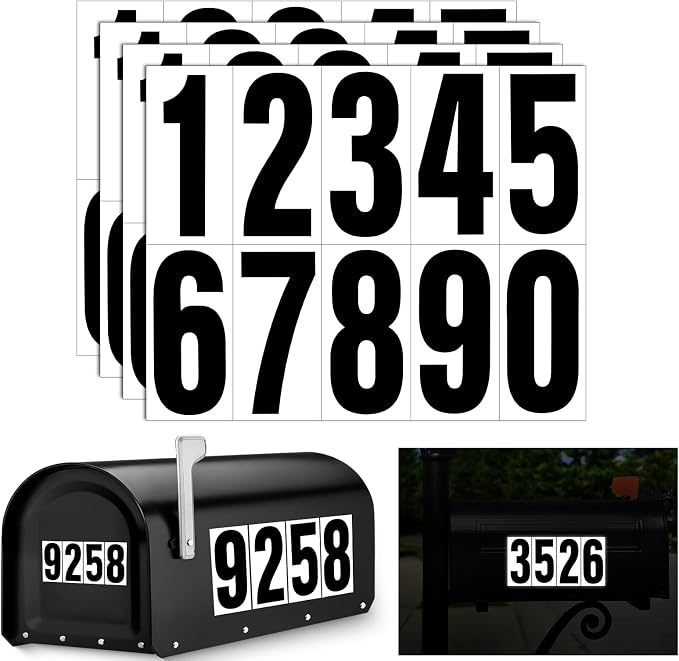 Reflective Number Stickers, 4 Sets 2 Inch Vinyl Waterproof Black Mailbox Numbers for Outside, Strong Self-Adhesive House Numbers Decals for Mailbox Door Signs Trucks