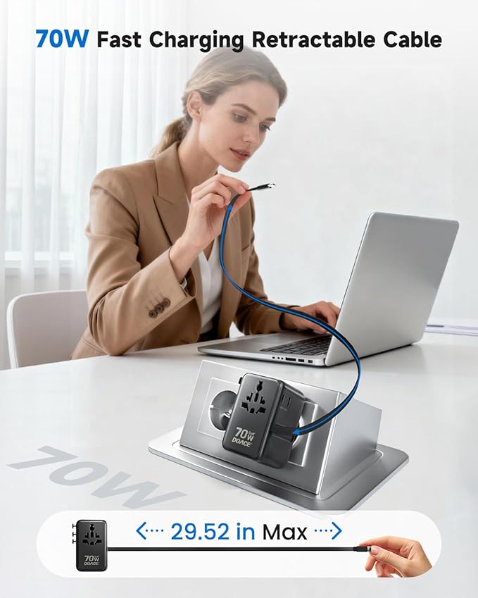 DOACE 70W Universal Travel Adapter, 6-in-1 International Plug with Built-in USB-C Cable, PD Fast Charging Worldwide Wall Charger for EU/UK/US/AU