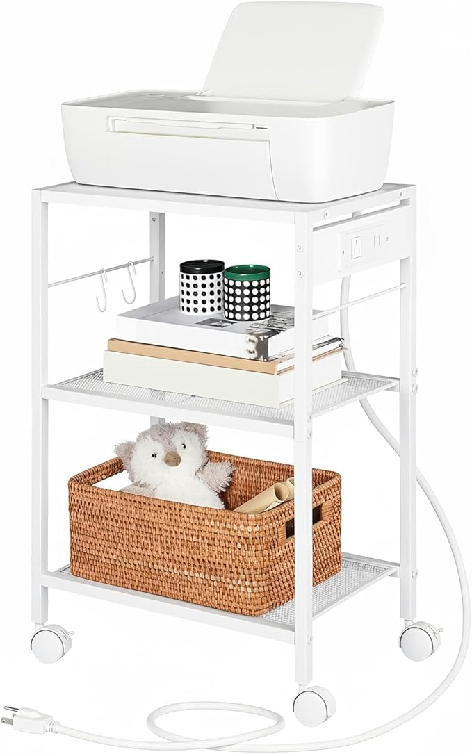 HOOBRO Industrial Printer Stand, 3-Tier Mobile Printer Table, Rolling Cart with Power Outlets and USB Ports, Home Printer Stand with 2 Hooks, for Office, Living Room, White WW22UPS01