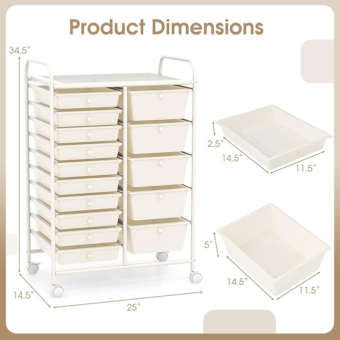 COSTWAY 15 Drawer Rolling Storage Cart, Mobile Storage Organizer | Removable Drawers & Metal Frame, Multipurpose Utility Tools Paper Organizer on Wheels for Home, Office (White)