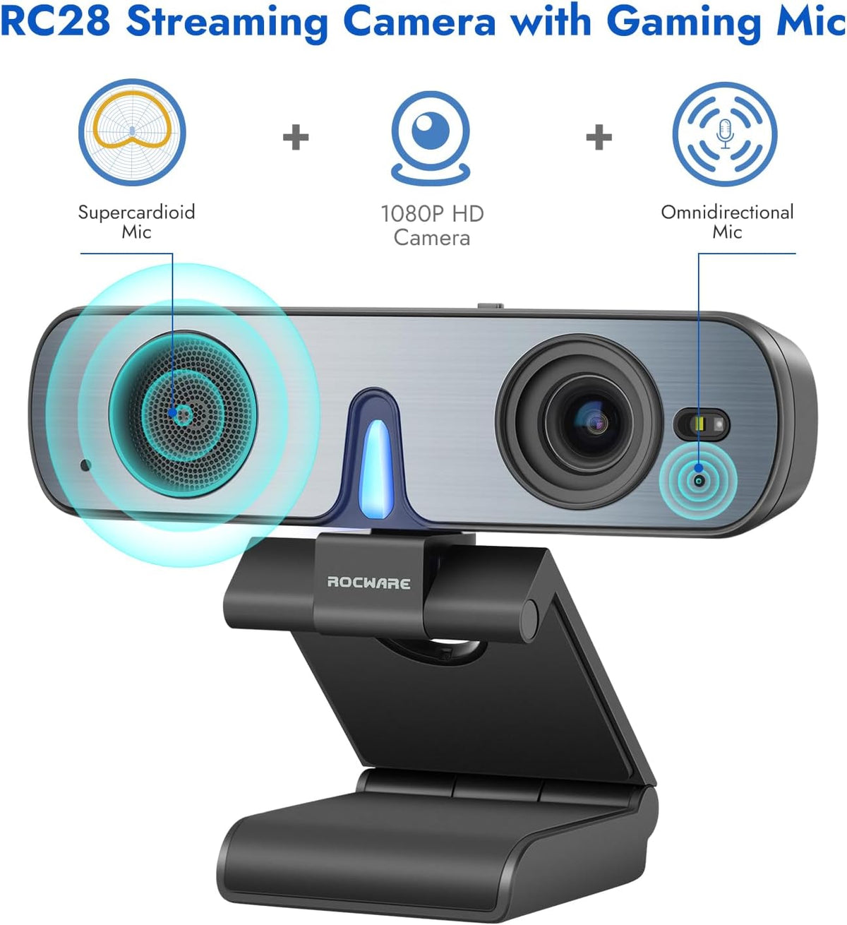 ROCWARE RC28 1080P 60FPS Webcam with Dual Microphones | Cardioid & Omnidirectional Pickup, Hi-Fi Sound, AI Noise Cancellation & Raw Audio Modes for Streaming, Video Calls & Studio-Quality Recording