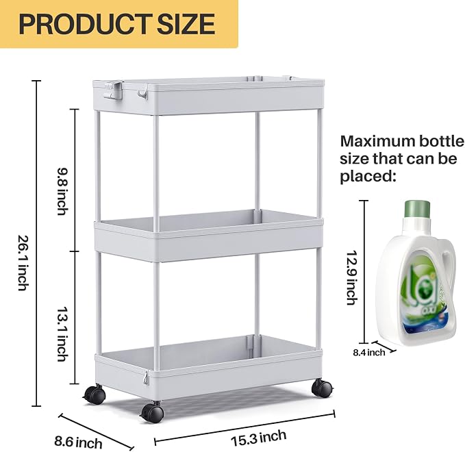 SPACEKEEPER 3 Tier Rolling Cart, Bathroom Cart Organizer with Wheels, Gray | Mobile Storage Cart for Laundry Room Organization,Kitchen,Office,Bathroom, Utility Cart for Snack,Craft,Art,Makeup,Nail,Toys