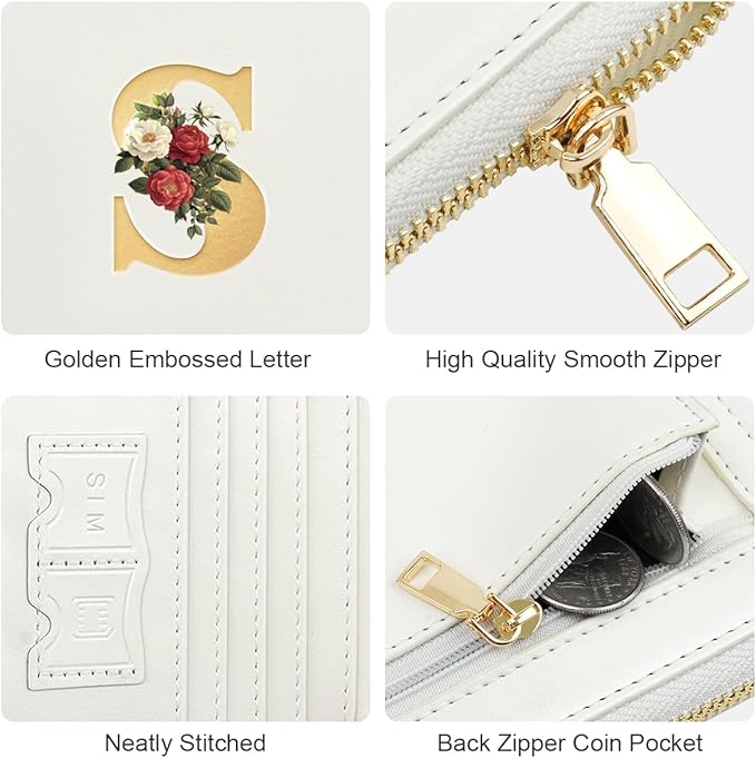 Passport Holder for Travel Personalized Wallet with Wristlet Women | All-in-One Passport Cover, RFID Blocking, Back Coin Pocket, Paper Money Slot, Zipper Closure, Roses Initial Letter, White S