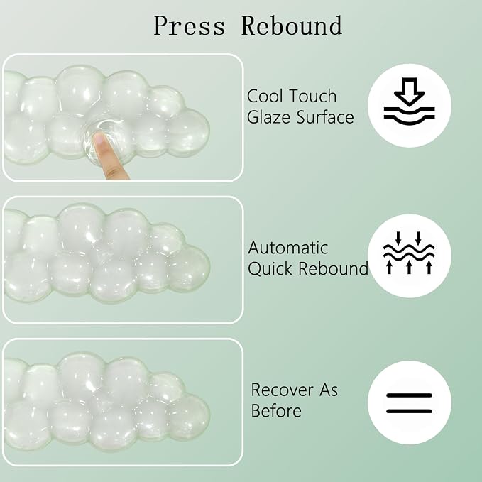 Gel Cloud Wrist Rest Keyboard Clear Green Mouse Pad with Wrist Rest Set 3PCS Ergonomic Cool Keyboard Wrist Pad Cute Acrylic Coaster Non-Slip Base Cute Transparent Mouse Wrist Pad Support for Computer