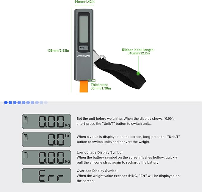ECSiNG Portable Luggage Scale Battery Free - Digital & Backlit LCD Display, Luggage Weight Scale, 110 lbs/50 kg, For Travel, Airplane, Shipping, Shopping, Outdoor