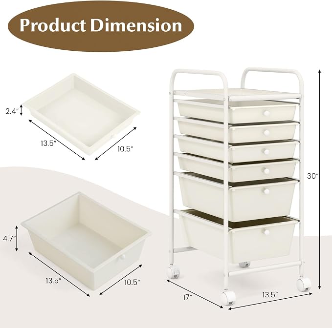COSTWAY 6-Drawer Rolling Storage Cart, Art Craft Tools Organizer on Wheels | Multifunctional Heavy Duty Utility Mobile Storage Trolley w/ 2 Lockable Wheels for Home Office School (White)