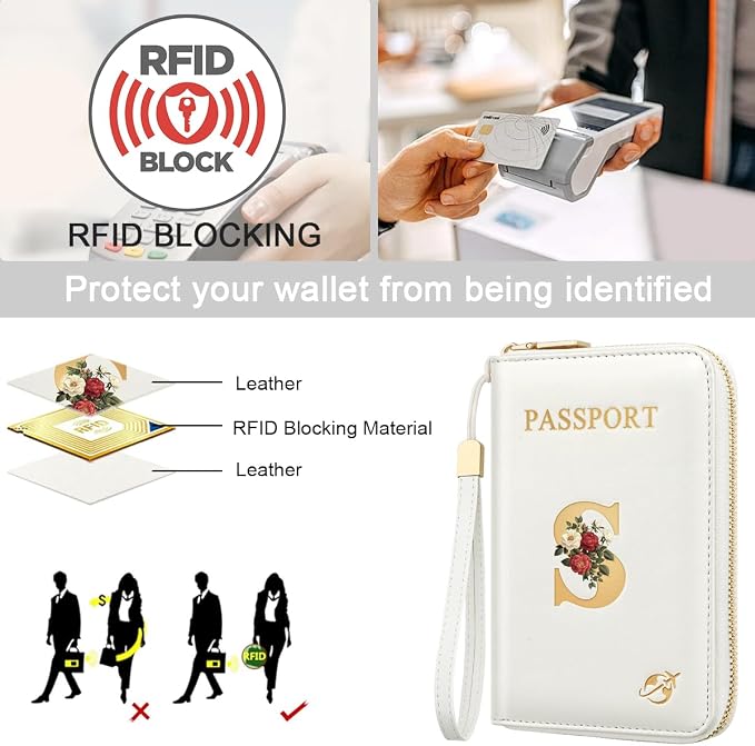 Passport Holder for Travel Personalized Wallet with Wristlet Women | All-in-One Passport Cover, RFID Blocking, Back Coin Pocket, Paper Money Slot, Zipper Closure, Roses Initial Letter, White S
