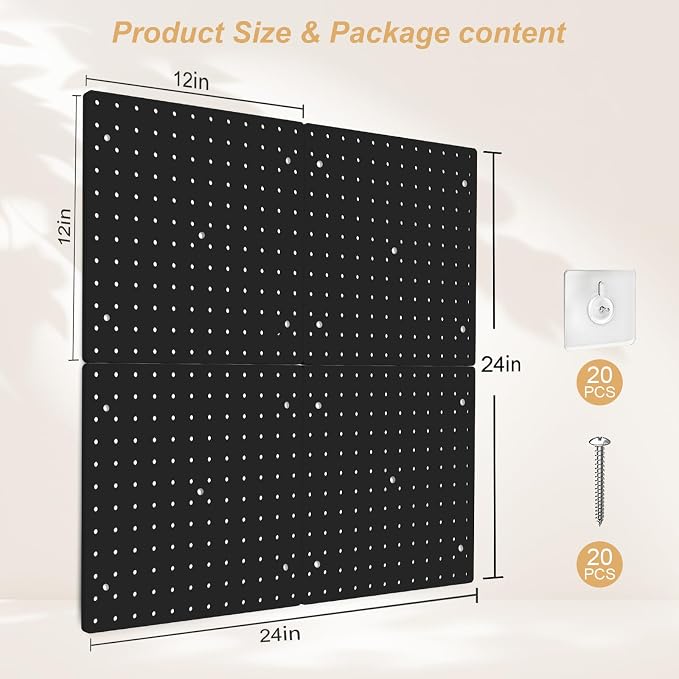 FZK Plastic Pegboard Wall Organizer Kit, 12x12, 4 Pack, Black | Durable ABS material, compatible with 1/4"and 1/8" pegboad accessories, includes adhesive or drill installation accessories