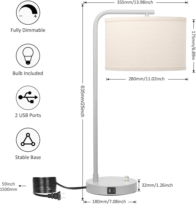 25" Tall Table Lamp with USB C+A Ports, Fully Dimmable Nightstand Lamp | Modern Grey Bedside Lamp with Beige Shade, Minimalist Desk Lamp for Living Room Bedroom Office, LED Bulb Included
