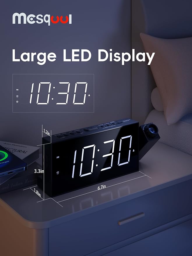 Mesqool Digital Projector Alarm Clocks for Kids Bedroom,Plug-in Clock with 180° Projection on Ceiling Wall,Dual Alarms for Heavy Sleepers,Battery Backup,USB Charging Port,Easy-to-Set,Dimmer,Snooze