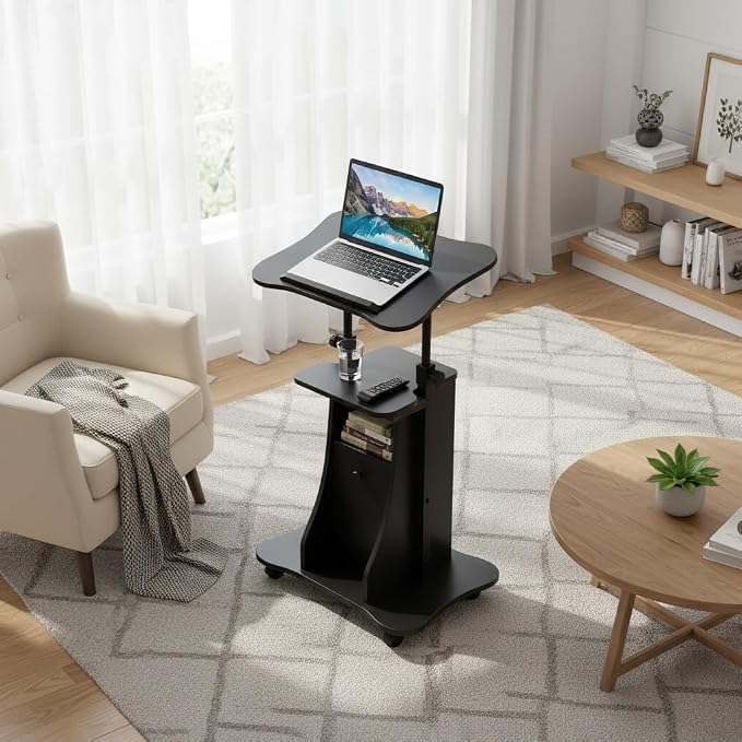 Tangkula Rolling Lectern Podium Stand, Height Adjustable Laptop Table with Tilting Tabletop & Storage Shelves, Compact Standing Desk with Lockable Casters for Home Office School (Black)