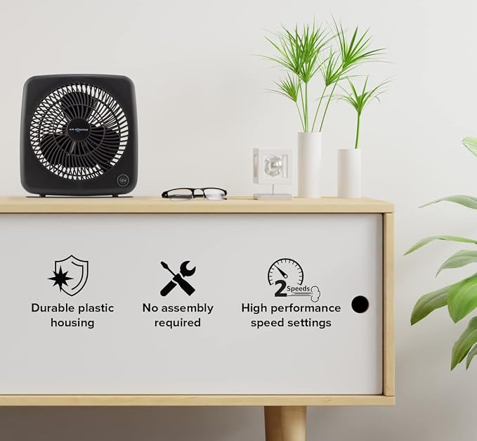 Air Monster 7 Inch 2 Speed Compact Desktop Table Top Personal Box Fan, Space Saver, High Performance, Turbo Force, Fully Assembled, Matte Black