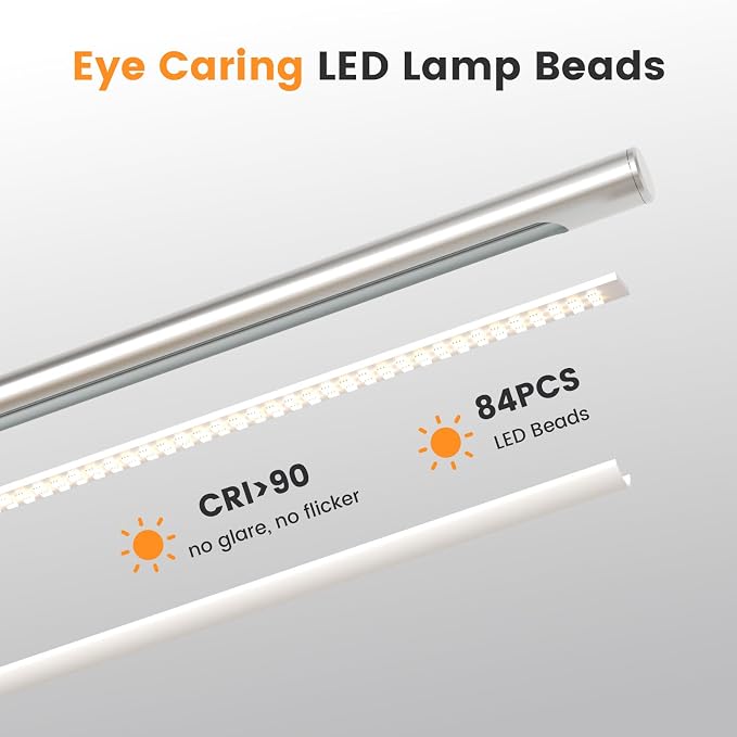 Silver LED Desk Lamp, 16" Dimmable Metal Desk Light with Base, 15W 1200LM, Adapter Included, Color & Brightness Adjustable, Modern Tall Table Lamp for Home Office Reading Study Task Laptop