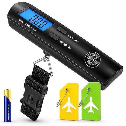Digital Luggage Scale, Backlit LCD, 110lb, Hook | Handheld hanging suitcase scale, tare function, auto shut-off, battery included, 2 bonus luggage tags, secure locking hook