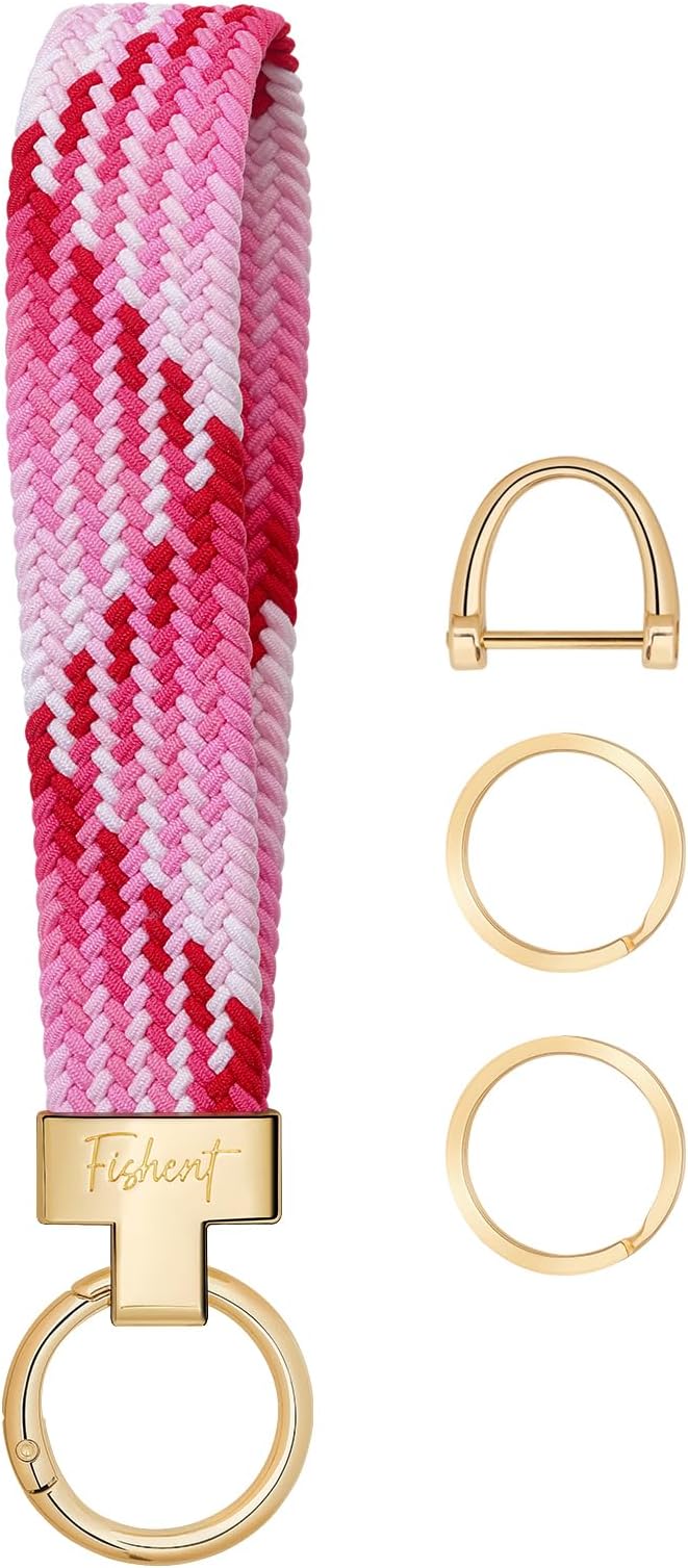 Fishent Stretchy Wristlet Keychain, Cute Key Chain, Woven Wrist Lanyard for Car Keys with 3 Keyrings and D-ring for Women Men